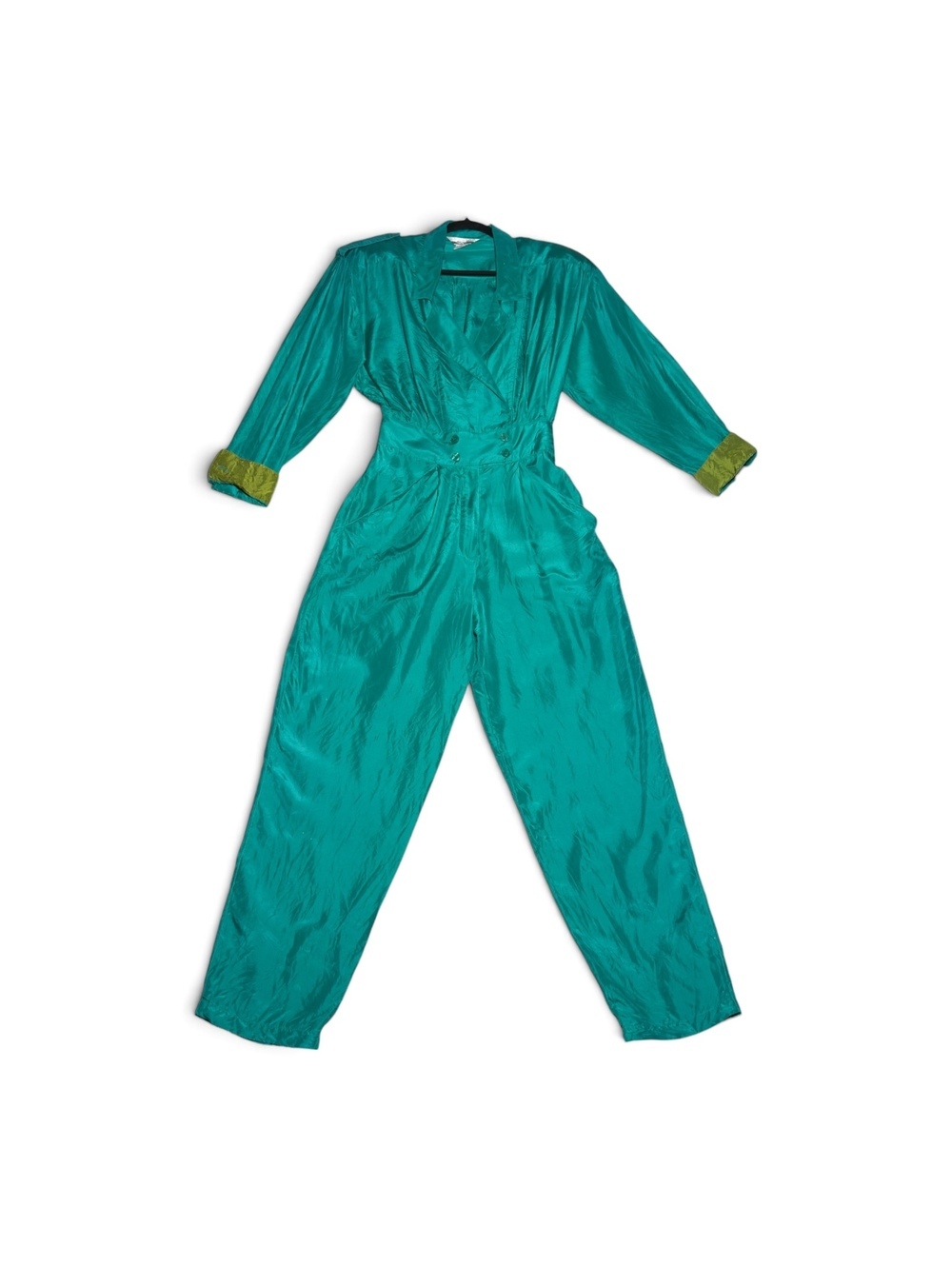 Vintage Melrose Options Silk Teal Jumpsuit with Green Accents Size Small